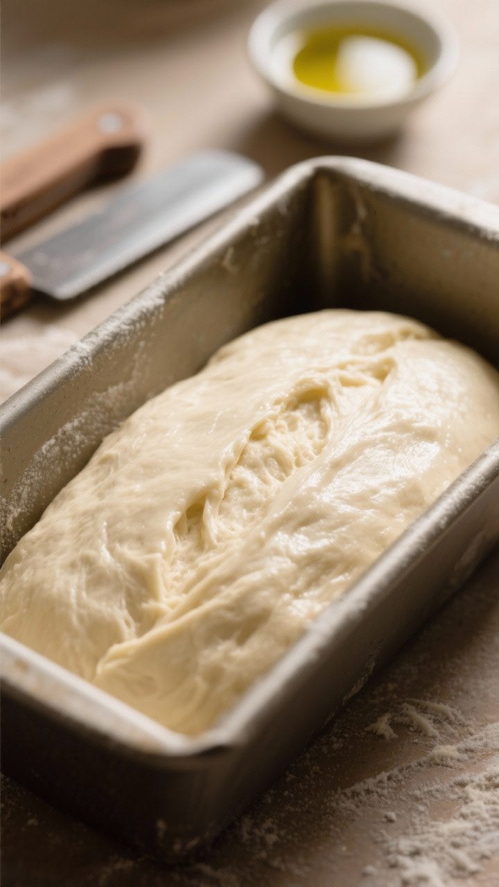 5-inch loaf pan seam-side down; focus on smooth, elastic dough showing good gluten development (soft