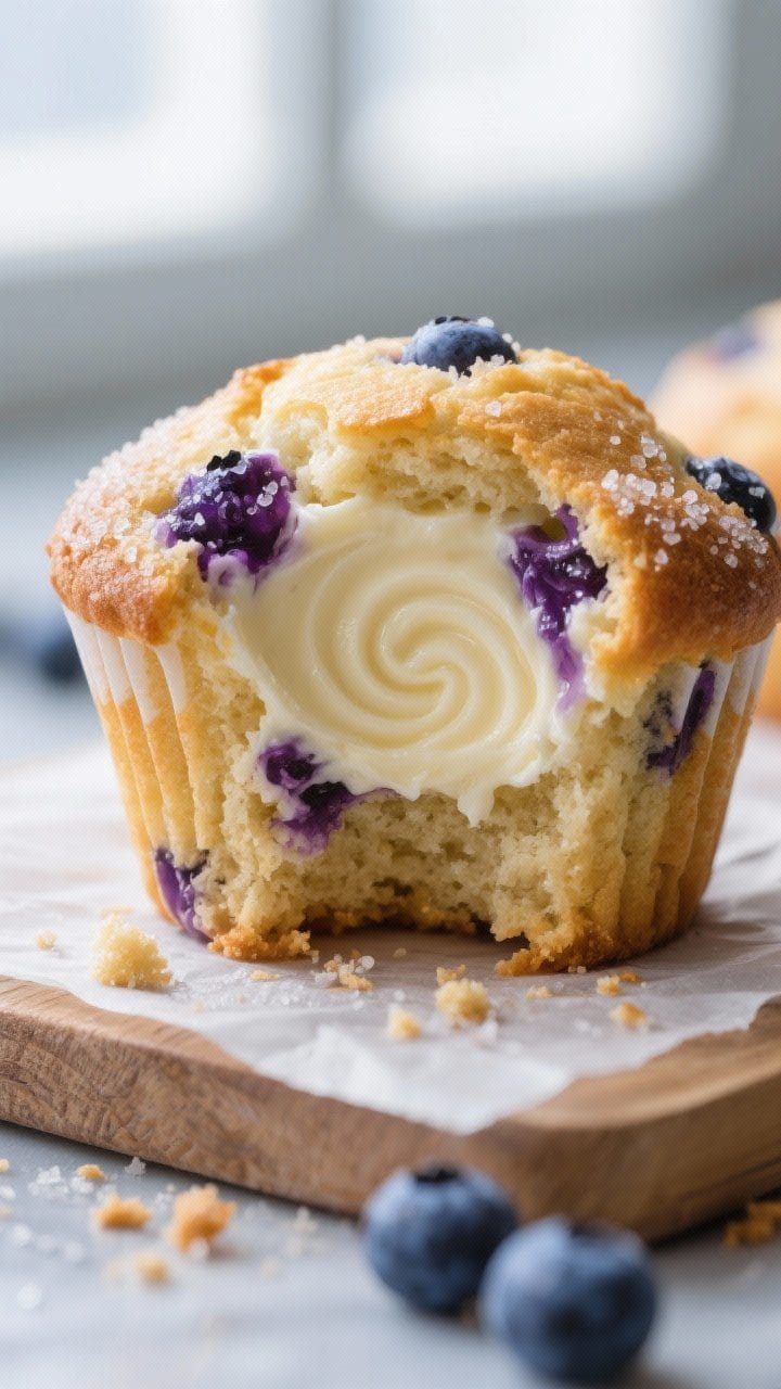 Close-up detail: A freshly baked blueberry cream cheese muffin torn open to reveal the creamy cheese
