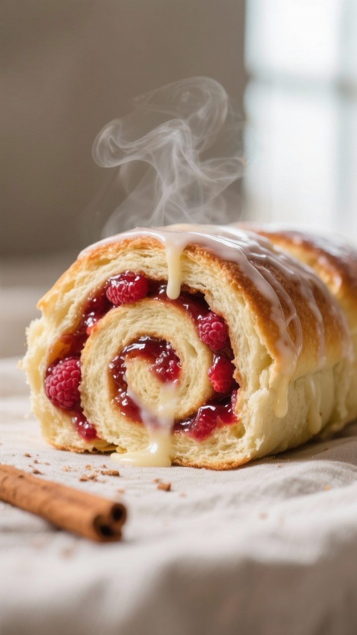 Close-up detail: A freshly baked jam-filled sweet roll torn open to reveal vivid raspberry swirls an