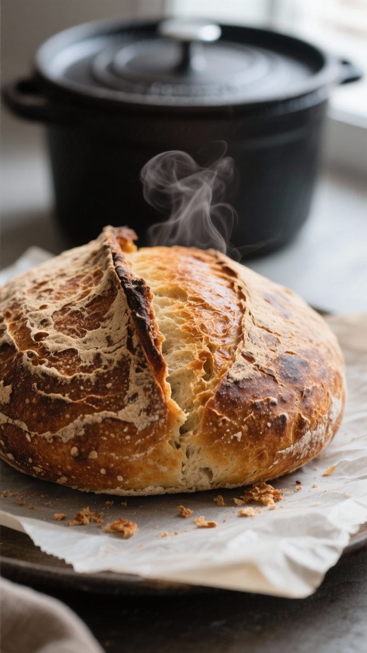 Close-up detail: A freshly baked no-knead artisan loaf just out of the Dutch oven, crust deep golden