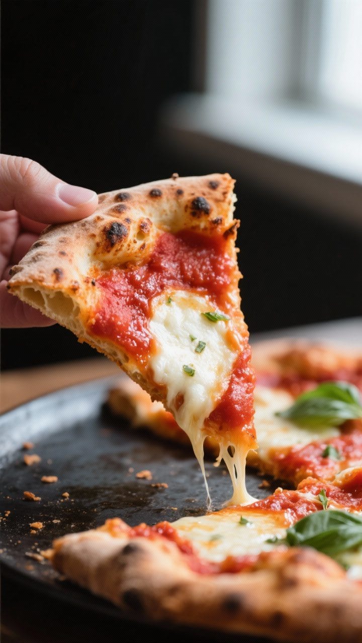 Close-up detail: A freshly baked pizza slice being lifted from the pie, showcasing a crispy, blister