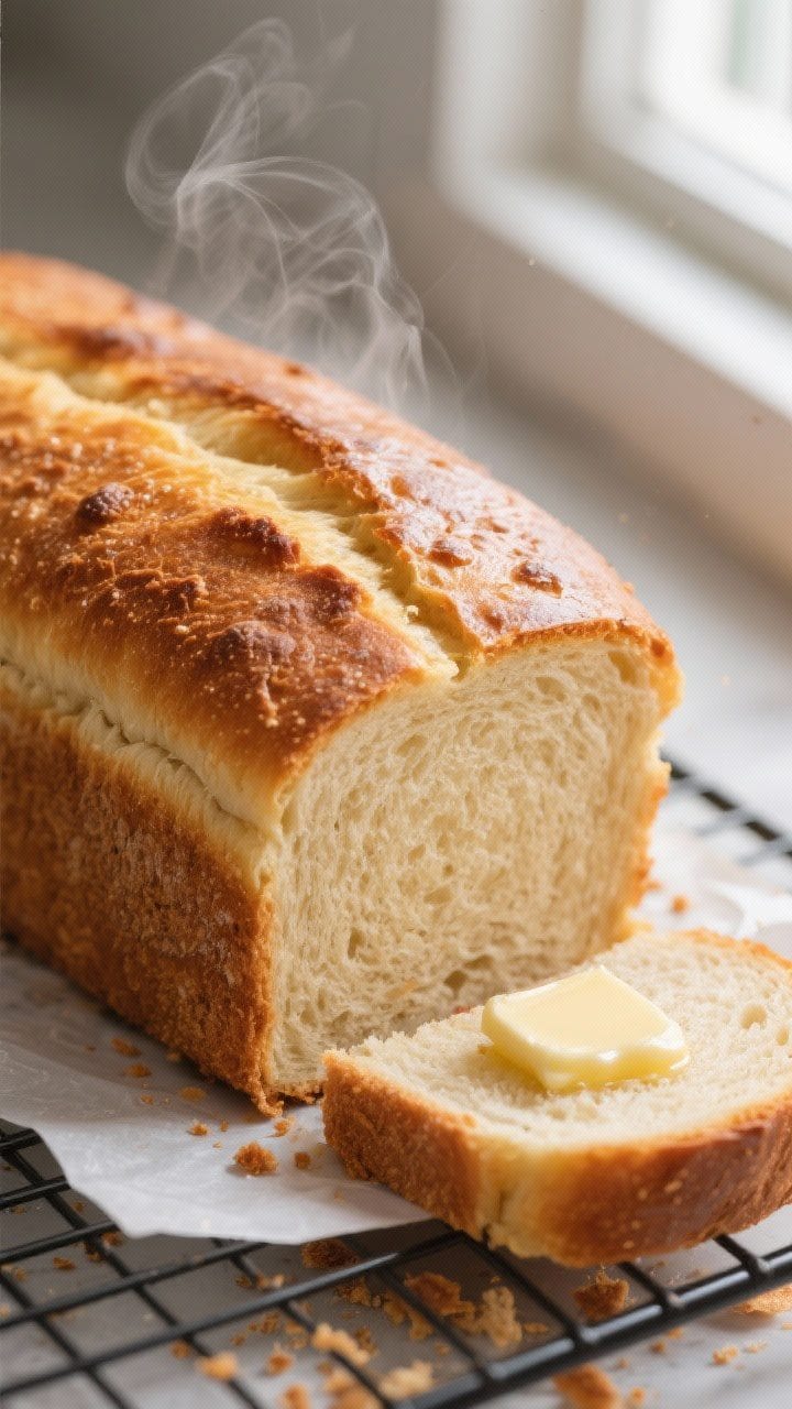 Close-up detail: A freshly baked sandwich loaf just out of the pan, golden-brown crust with fine bli