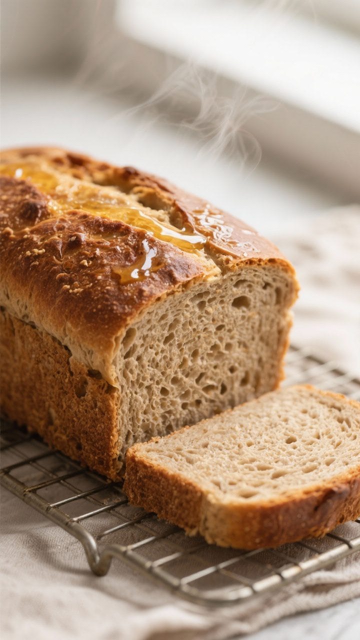 Close-up detail: A freshly baked whole wheat sandwich loaf just out of the pan, crust brushed with m