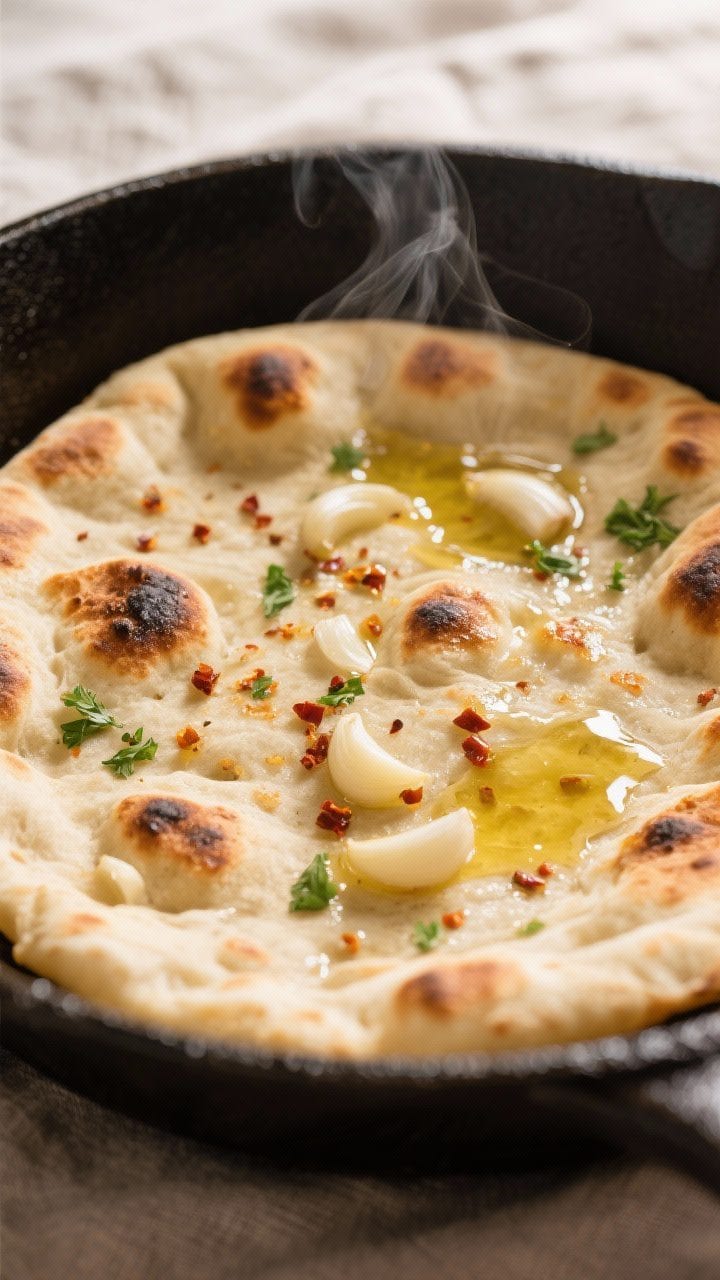 Close-up detail: A freshly cooked stovetop garlic flatbread just off the skillet, surface dotted wit