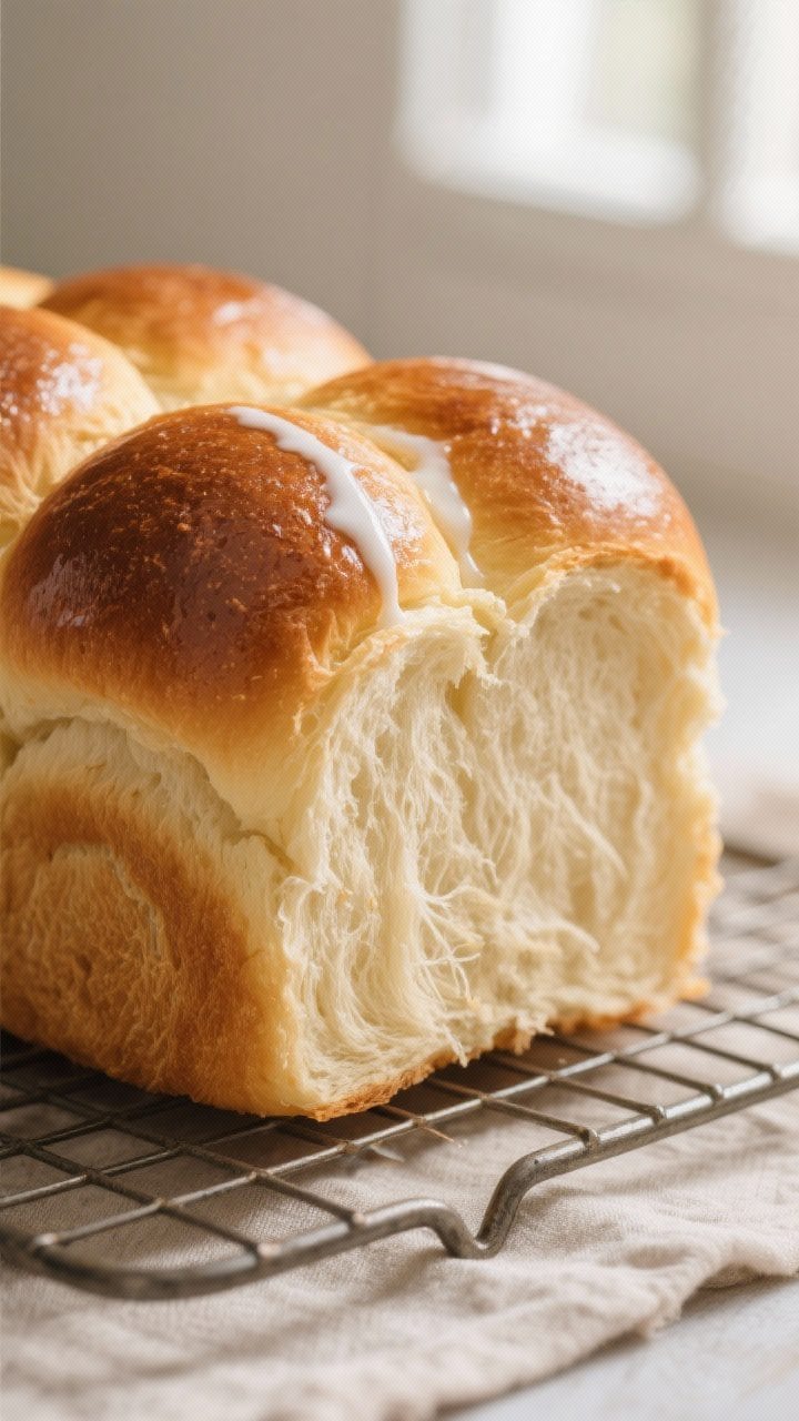 Close-up detail: A golden-brown milk bread loaf just out of the oven, three-domed pull-apart top gli