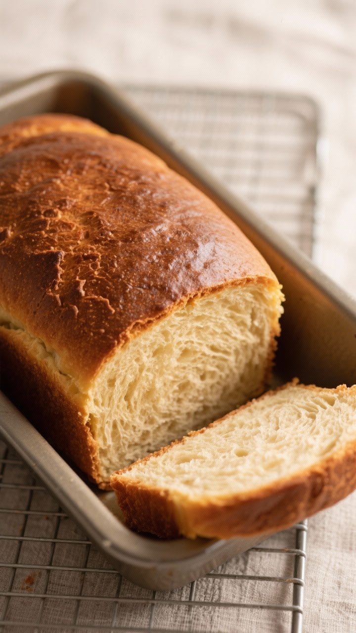 Close-up detail: A golden sweet bread loaf just out of the oven, still in a 9x5-inch pan, top tented