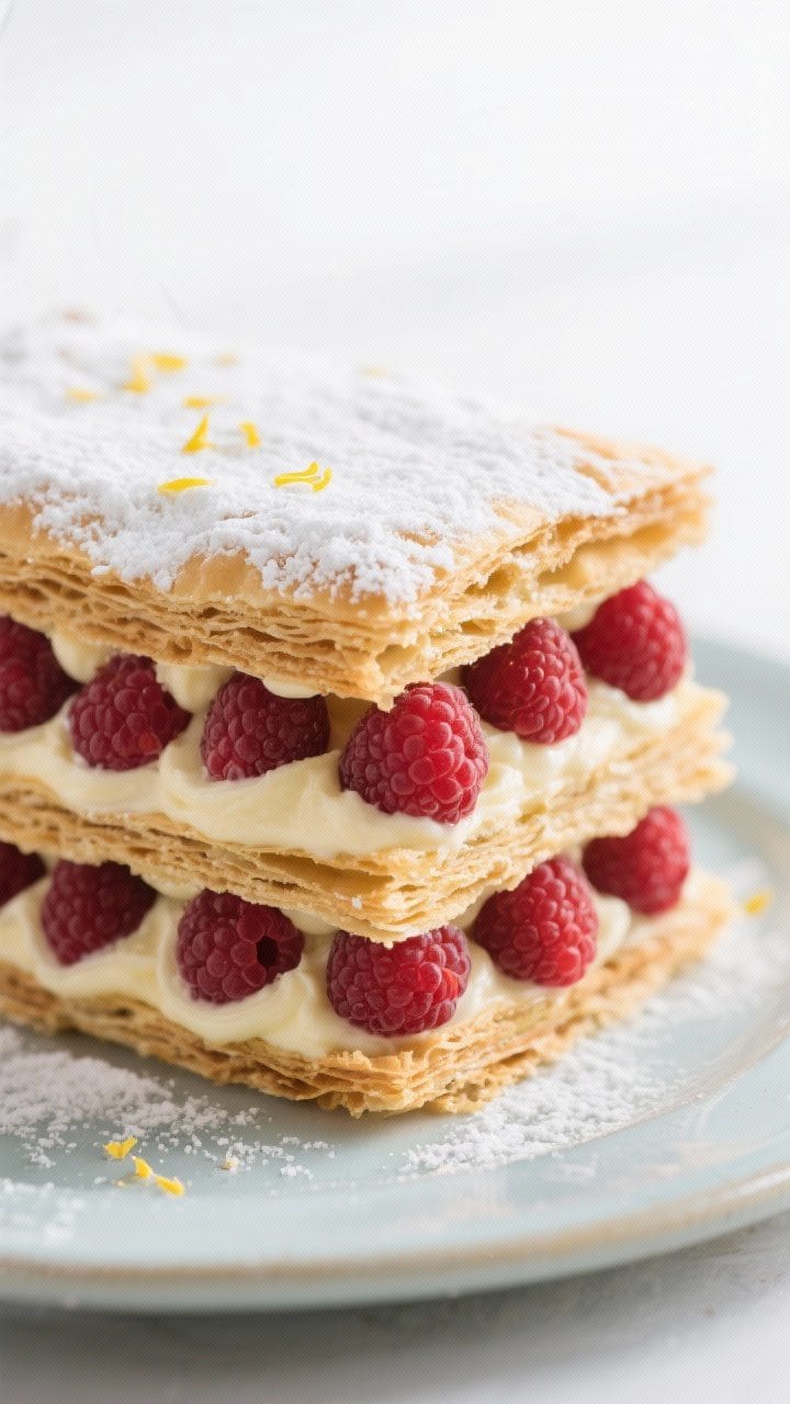 Close-up detail: A just-assembled Raspberry Cream Napoleon stack with crisp, golden, flat puff pastr