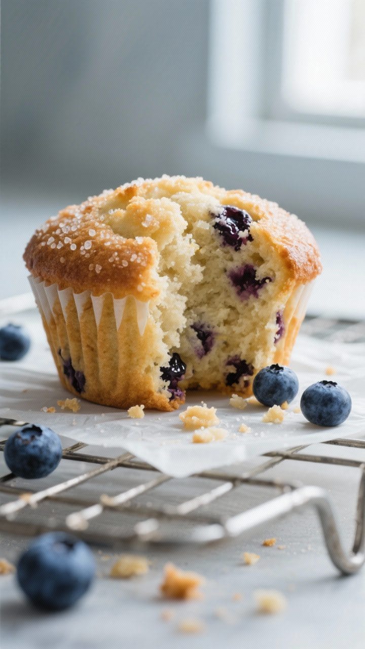 Close-up detail: A just-baked blueberry muffin torn open to reveal a moist, tender crumb studded wit
