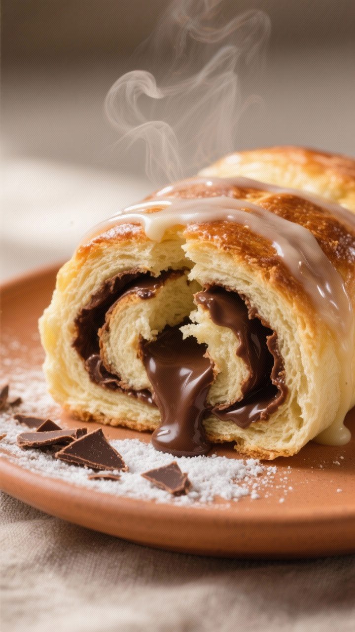 Close-up detail: A just-baked chocolate-filled sweet roll torn open to reveal gooey, melty pockets o