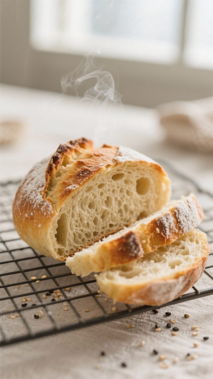 Close-up detail: A just-baked mini boule sliced to reveal a tender, well-aerated crumb with tiny, ev