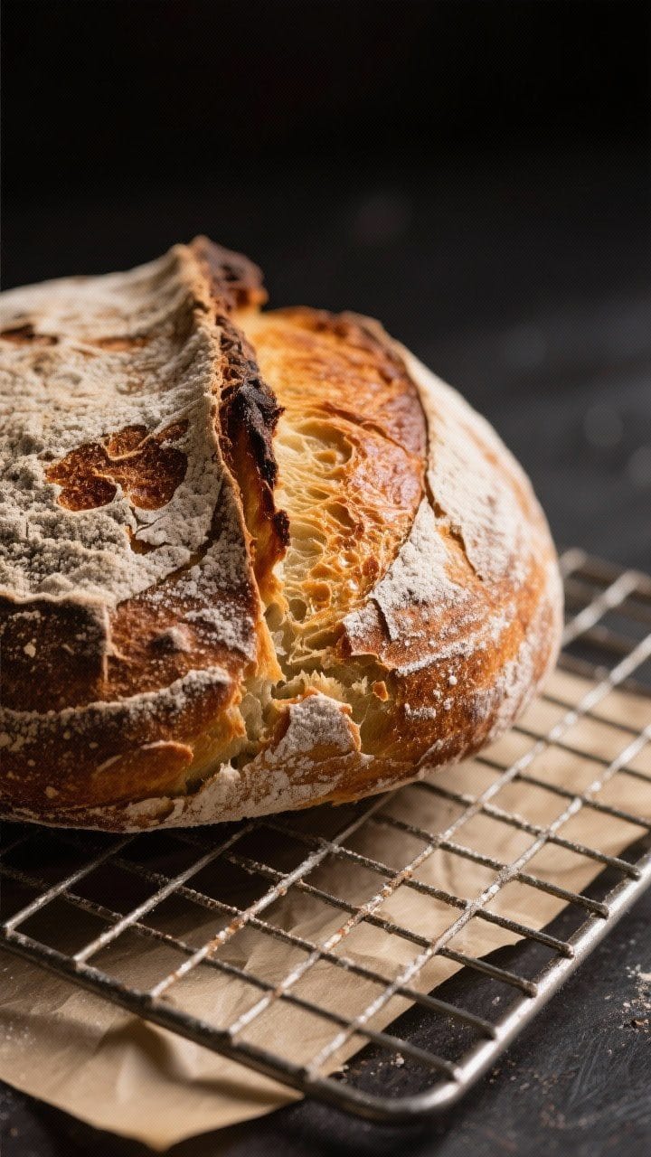 Close-up detail: A just-baked round loaf of rustic bakery-style bread resting on a wire rack, crust