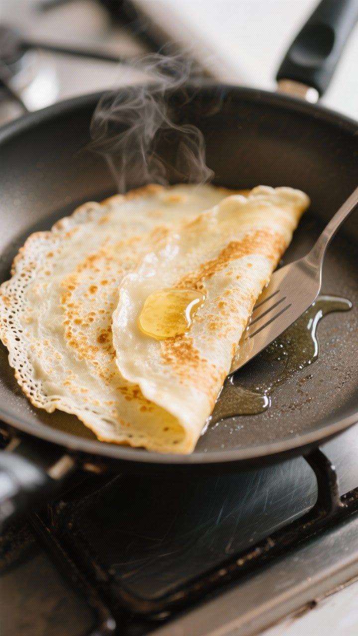 Close-up detail: A just-flipped crepe in a nonstick crepe pan over medium heat, showing delicate lac