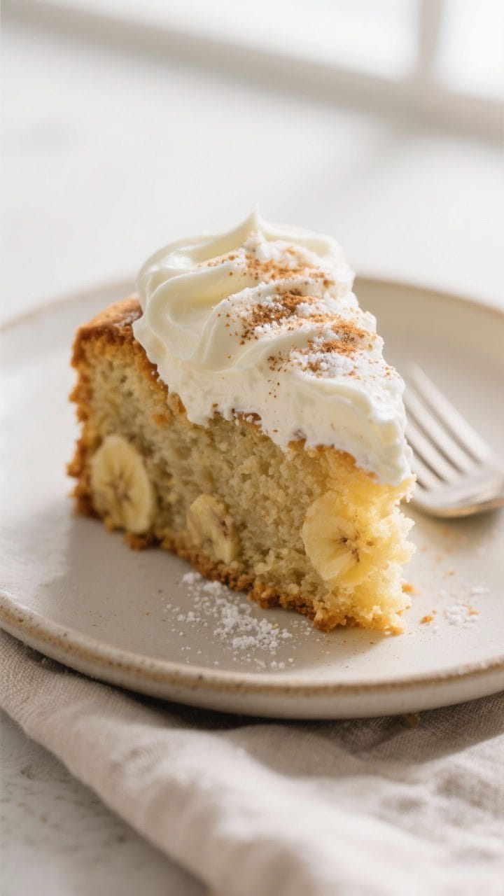 Close-up detail: A moist, tender slice of banana cake with a plush crumb and golden edges, topped wi
