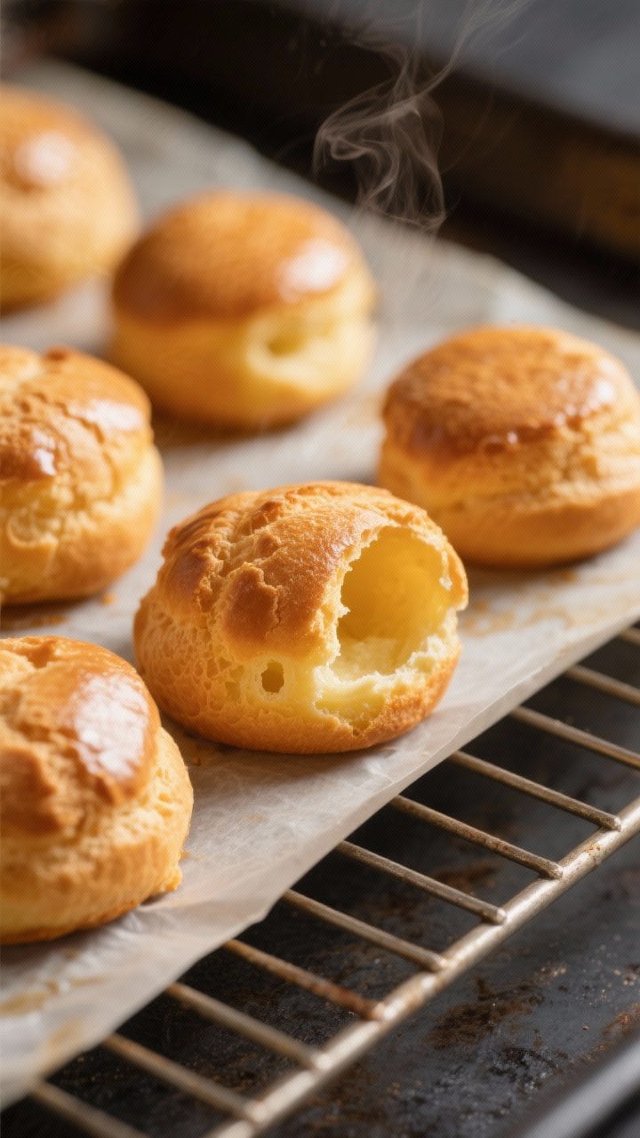 Close-up detail: Deep golden profiterole shells just out of the oven, each with a tiny steam-release