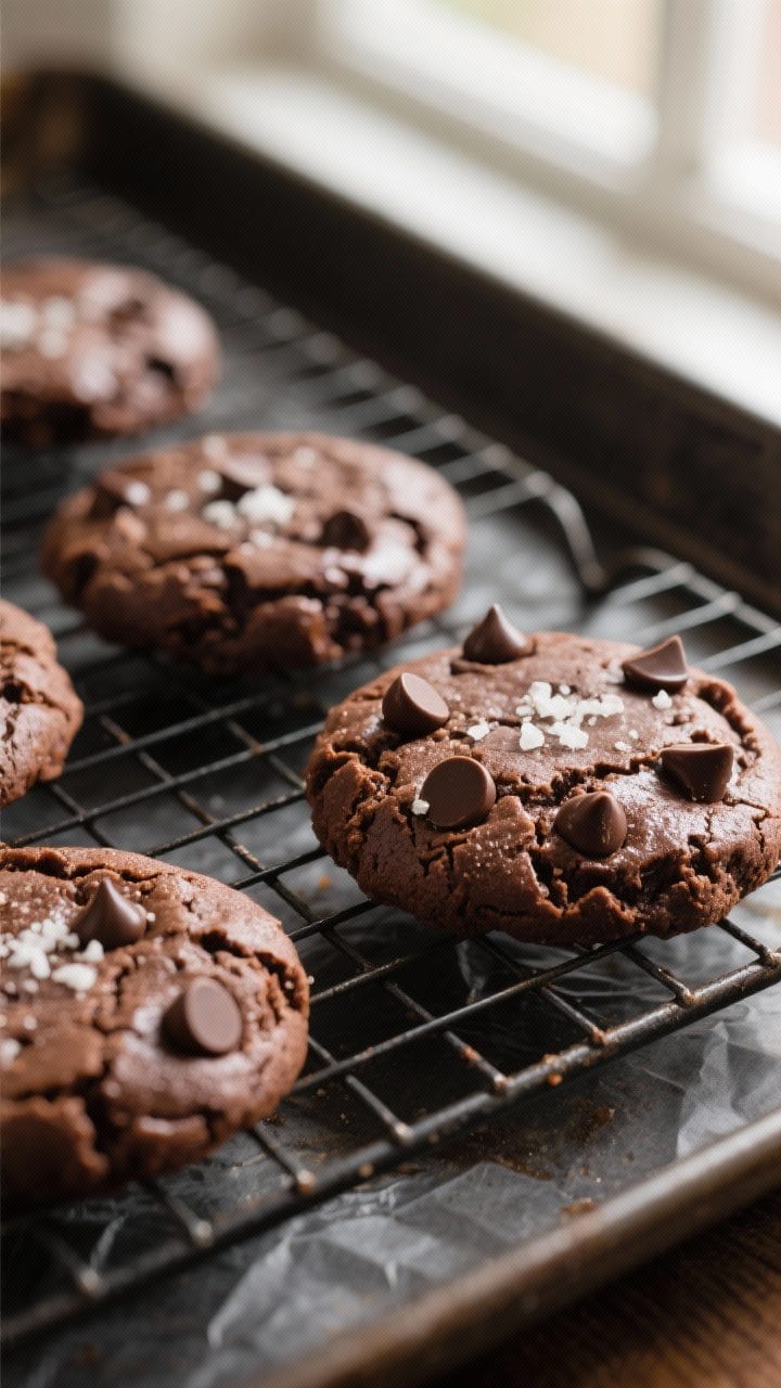 Close-up detail: Freshly baked brownie mix cookies cooling on a wire rack, highlighting glossy, crac