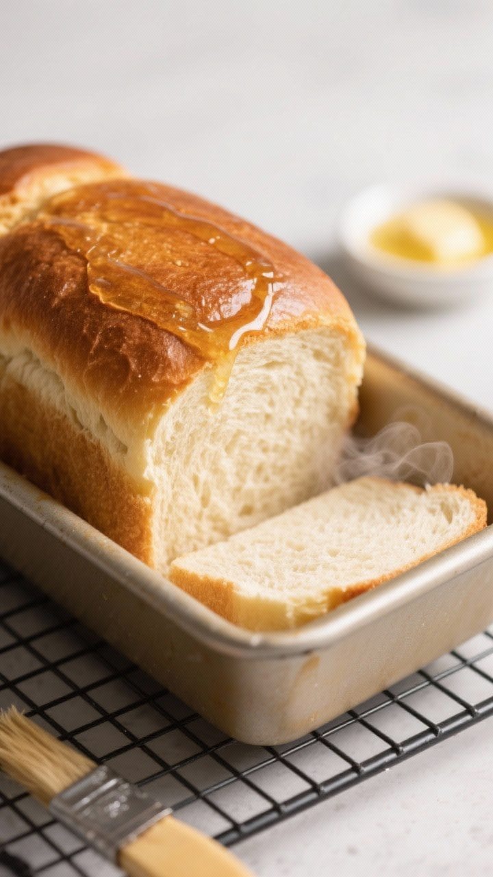 Close-up detail shot: A just-baked loaf of soft sandwich bread slid out of a 9x5-inch pan onto a wir