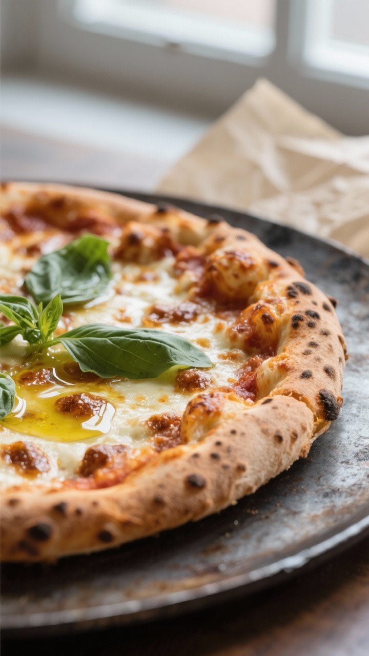 Close-up detail shot: A just-baked margherita pizza on a preheated pizza steel, crust edge showing d
