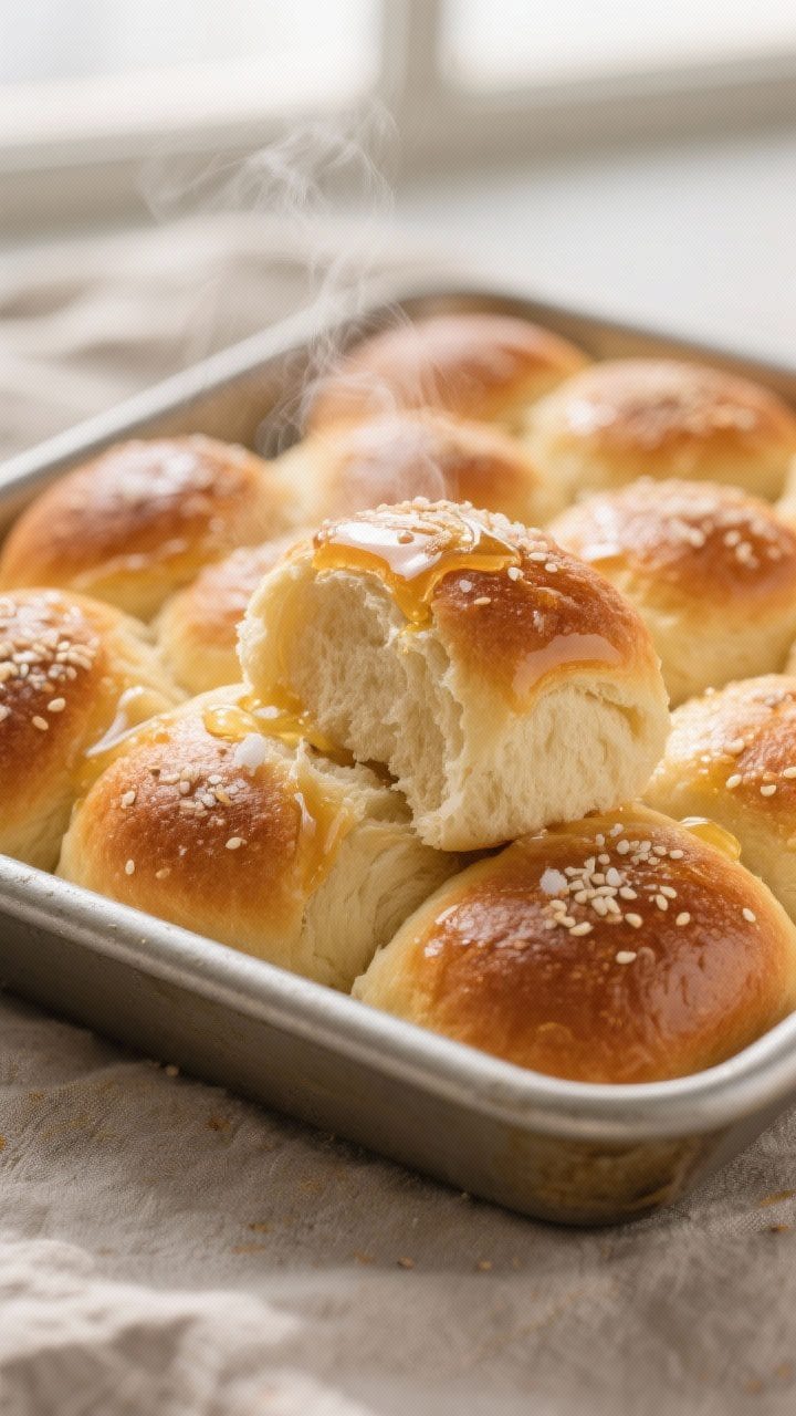 Close-up detail shot: A pan of freshly baked fluffy dinner rolls just out of the oven, golden-brown 