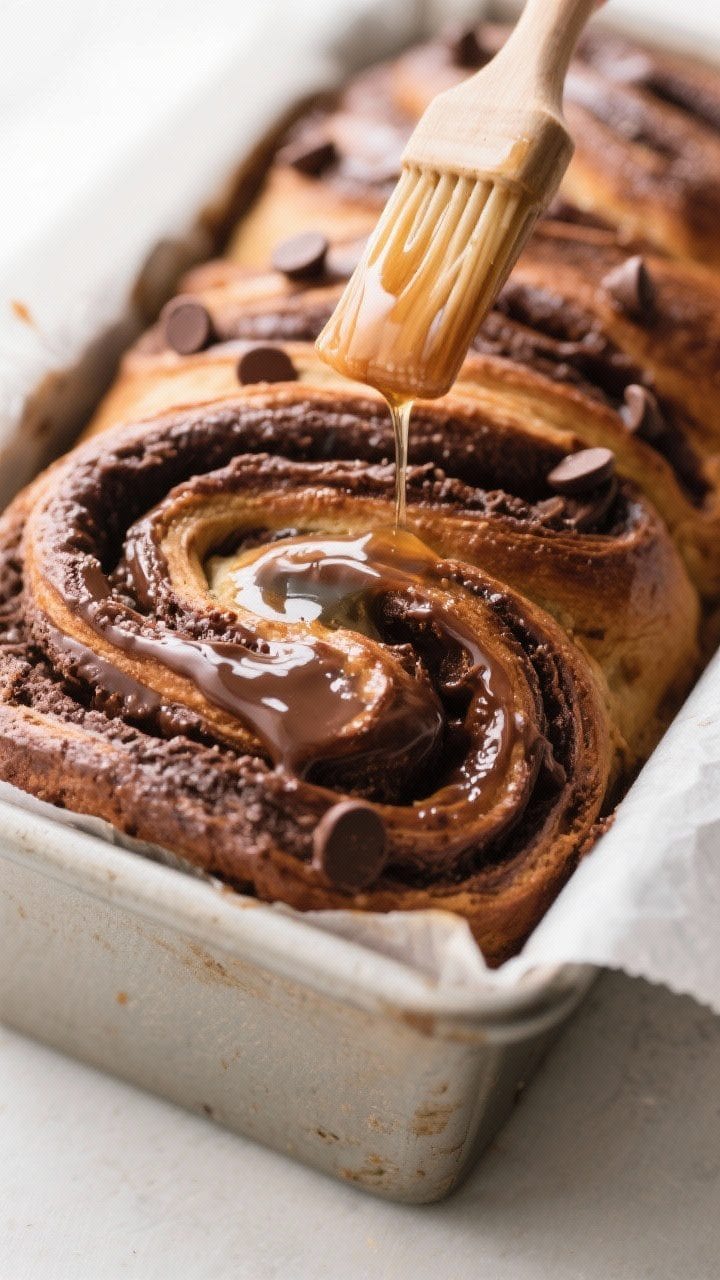Close-up detail shot of a freshly baked chocolate babka just out of the oven, still in a parchment-l