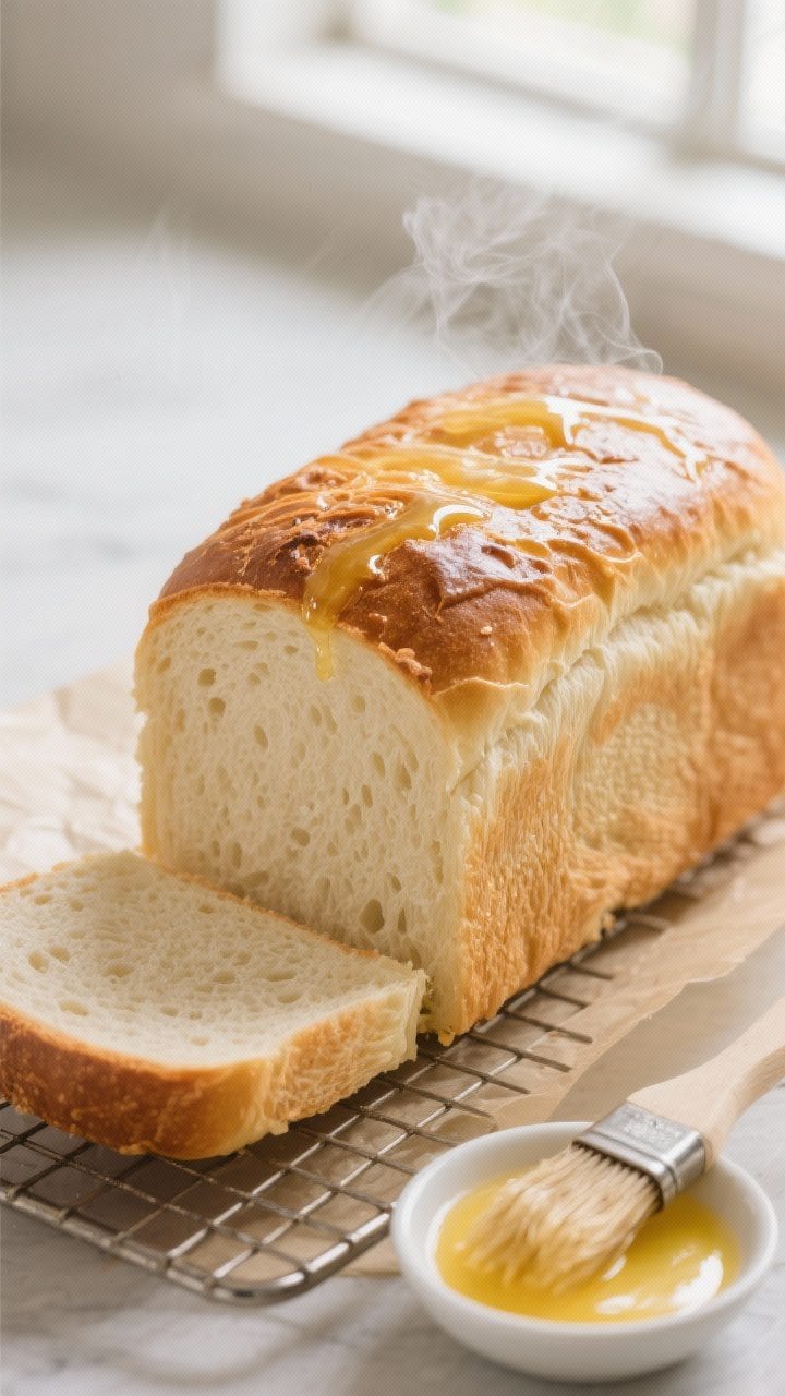 Close-up detail shot of a freshly baked white bread loaf just out of the pan, crust brushed with mel