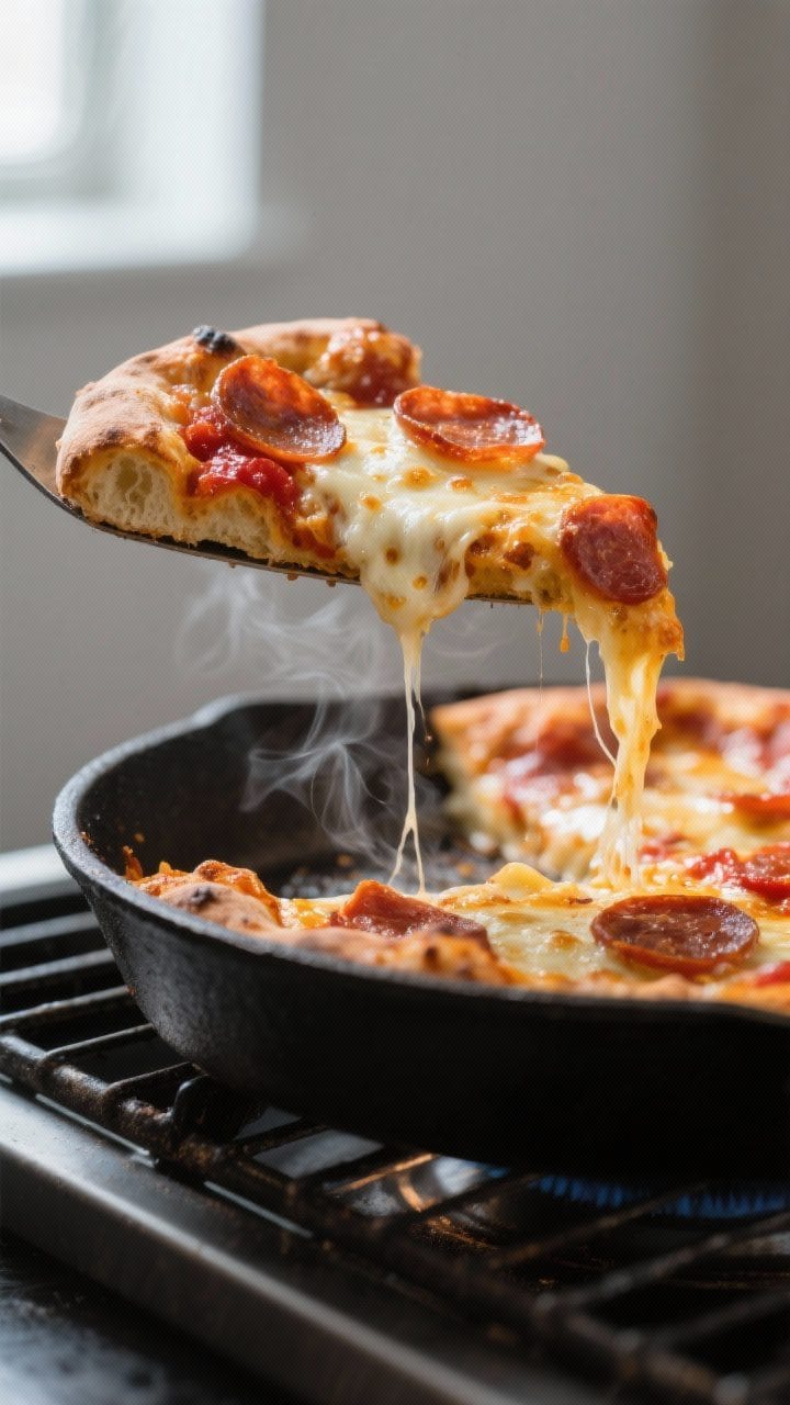 Close-up detail shot of a just-baked pan pizza edge lifted slightly with a thin spatula, showcasing 