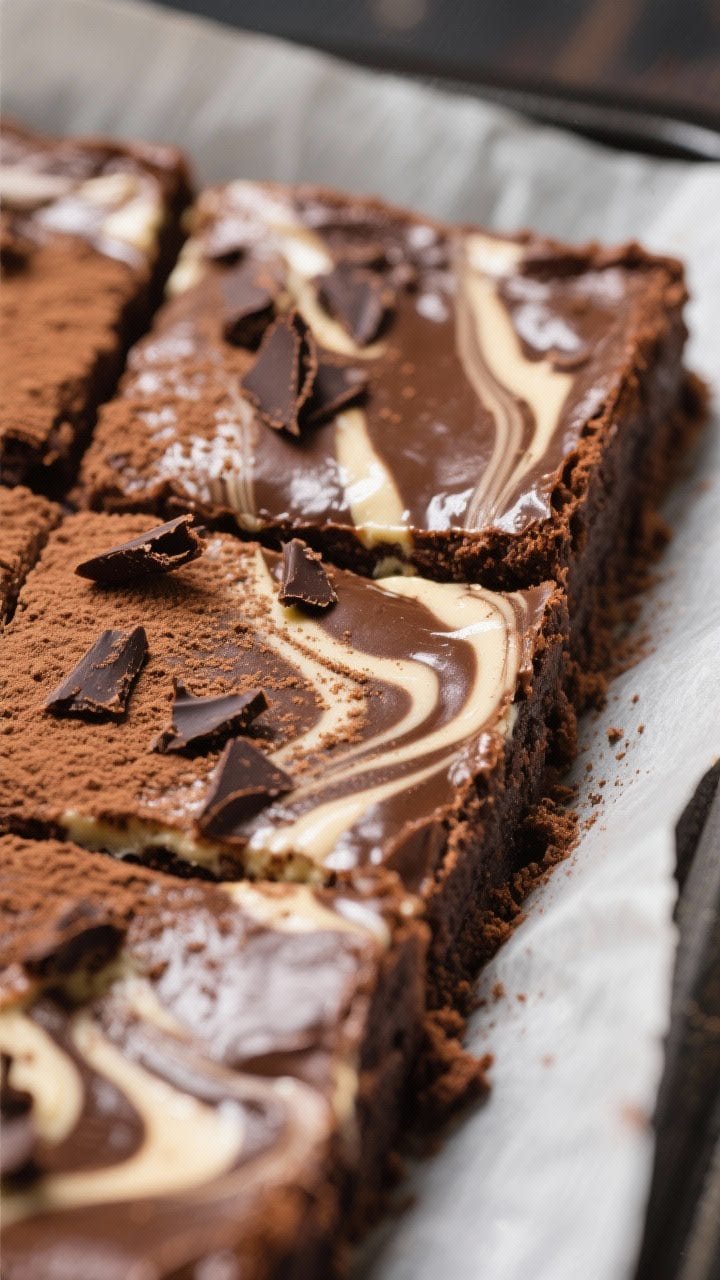 Close-up detail shot of freshly baked tiramisu brownies just out of the pan, showing glossy, fudgy c