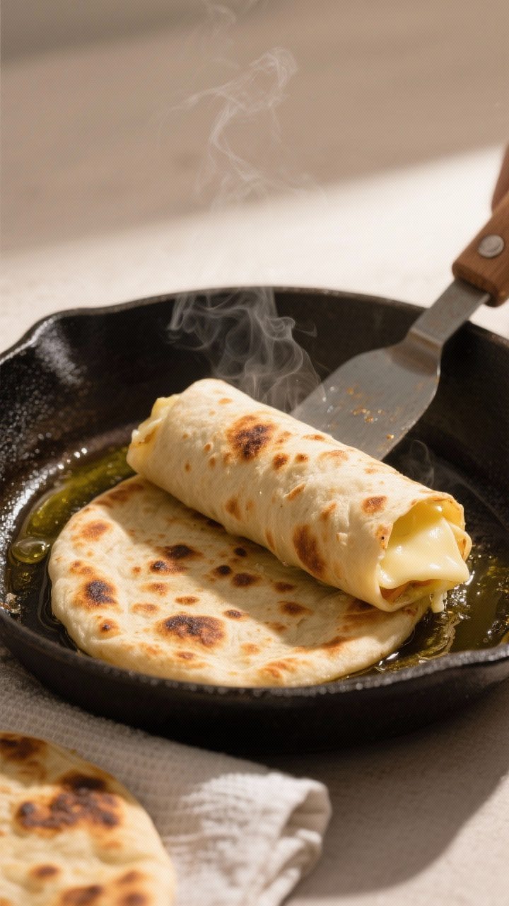 Cooking process: A single sealed and rolled cheese-stuffed flatbread cooking in a preheated cast-iro