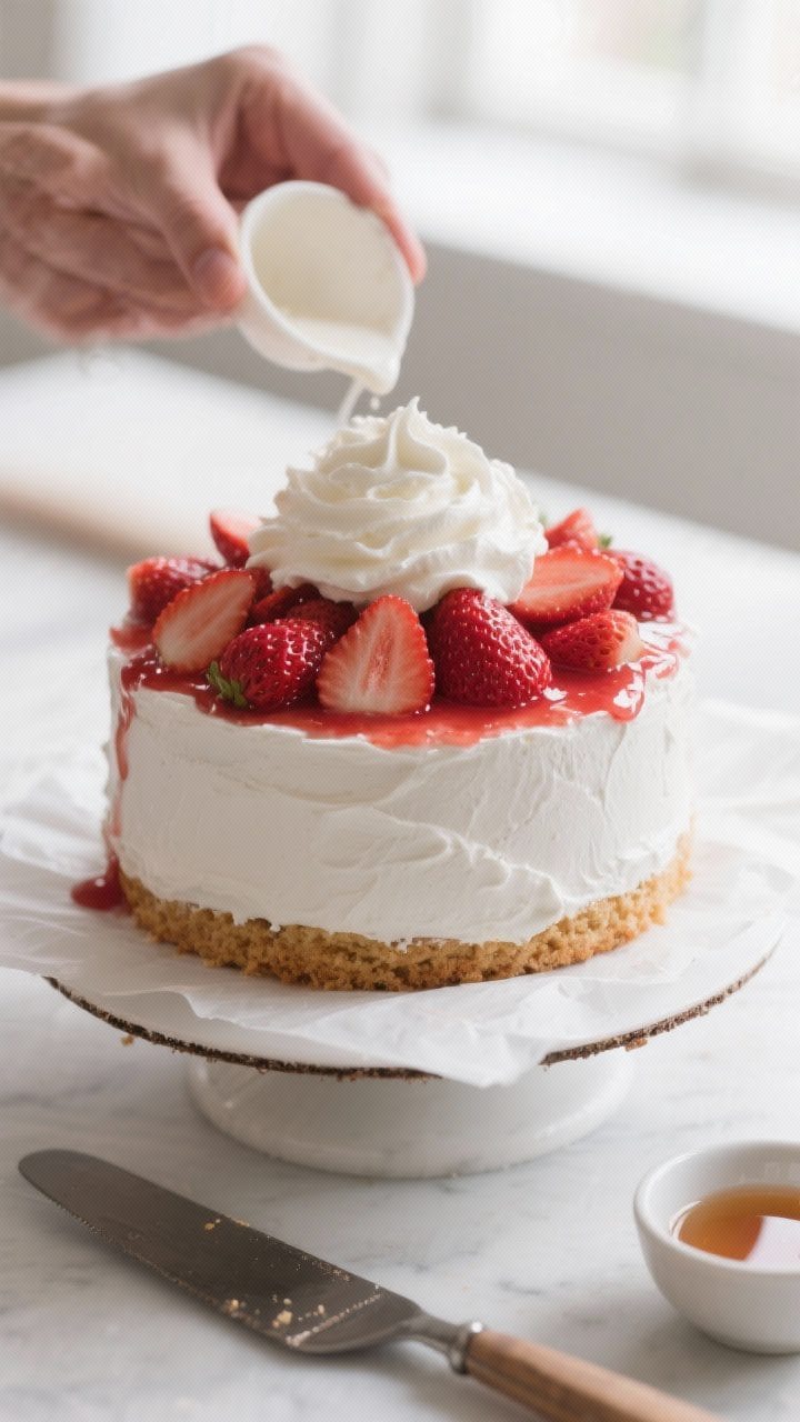 Cooking process — macerated strawberries and cake assembly: Close-up of the first cake layer on a