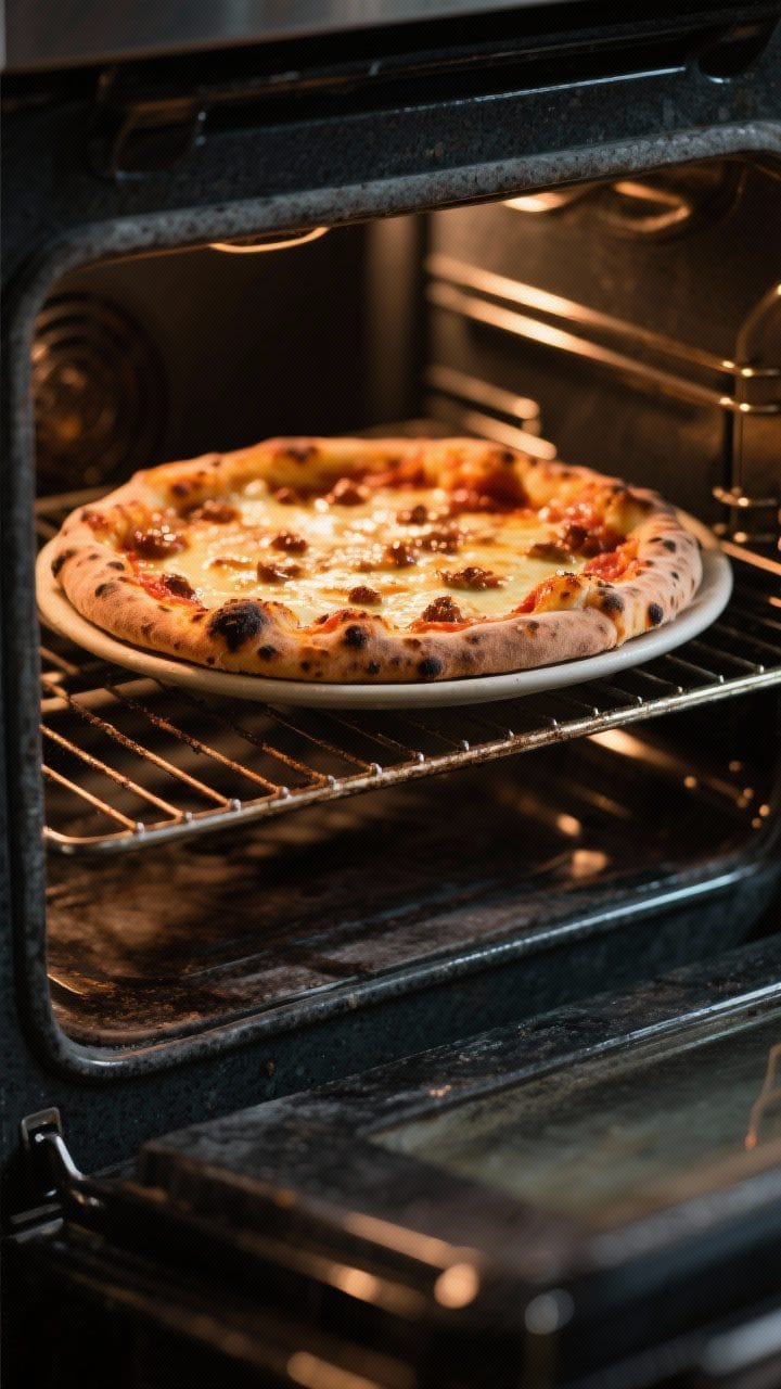 Cooking process: Mid-bake moment with the pizza set under a hot broiler for final color—pizza on t