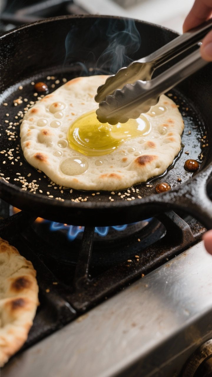 Cooking process: Mid-cook action shot of a flatbread in a hot cast-iron skillet on medium-high heat,