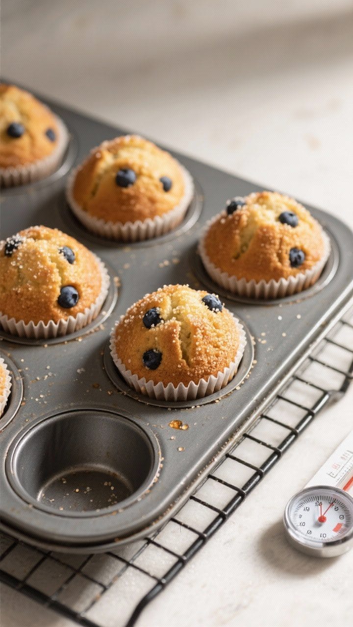 Cooking process: Overhead shot of a muffin tin fresh from the oven with tall, bakery-style domes; li