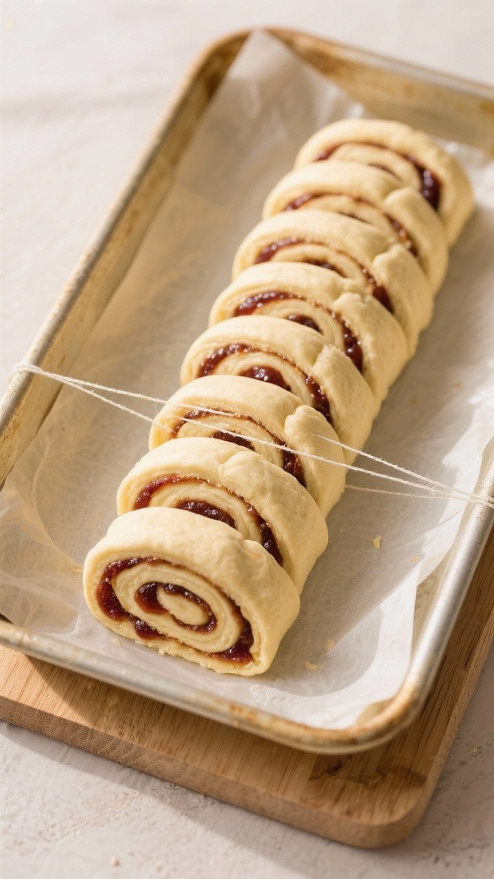 Cooking process: Overhead shot of a neatly sliced log of jam-filled dough on a parchment-lined board