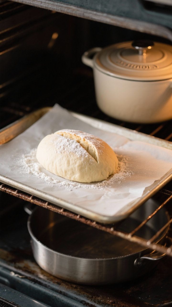 Cooking process: Overhead shot of a shaped mini batard on parchment just before baking, neatly score