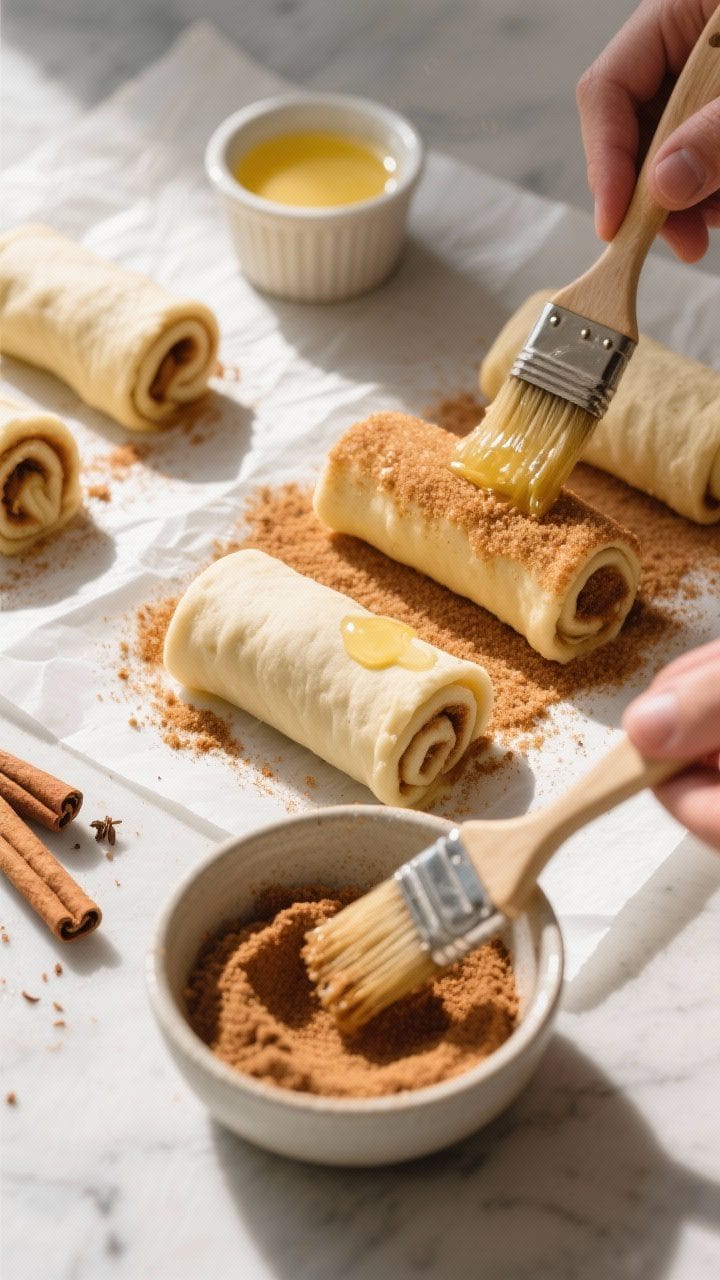 Cooking process: Overhead shot of assembled roll ups being brushed with melted butter and rolled thr