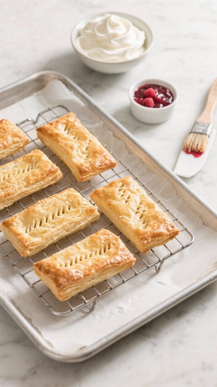 Cooking process: Overhead shot of baked puff pastry rectangles cooling on a wire rack, uniformly fla