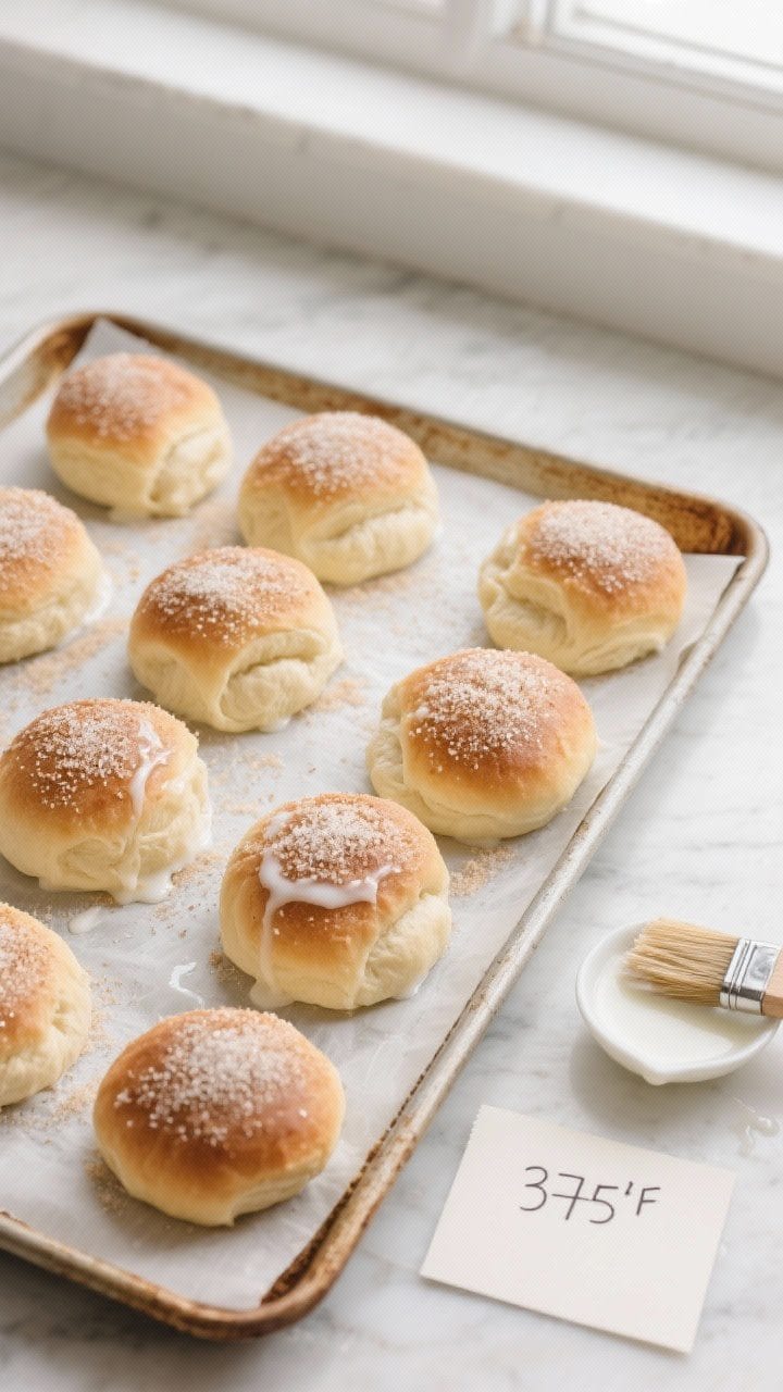 Cooking process: Overhead shot of proofed, shaped buns on a parchment-lined baking sheet just before