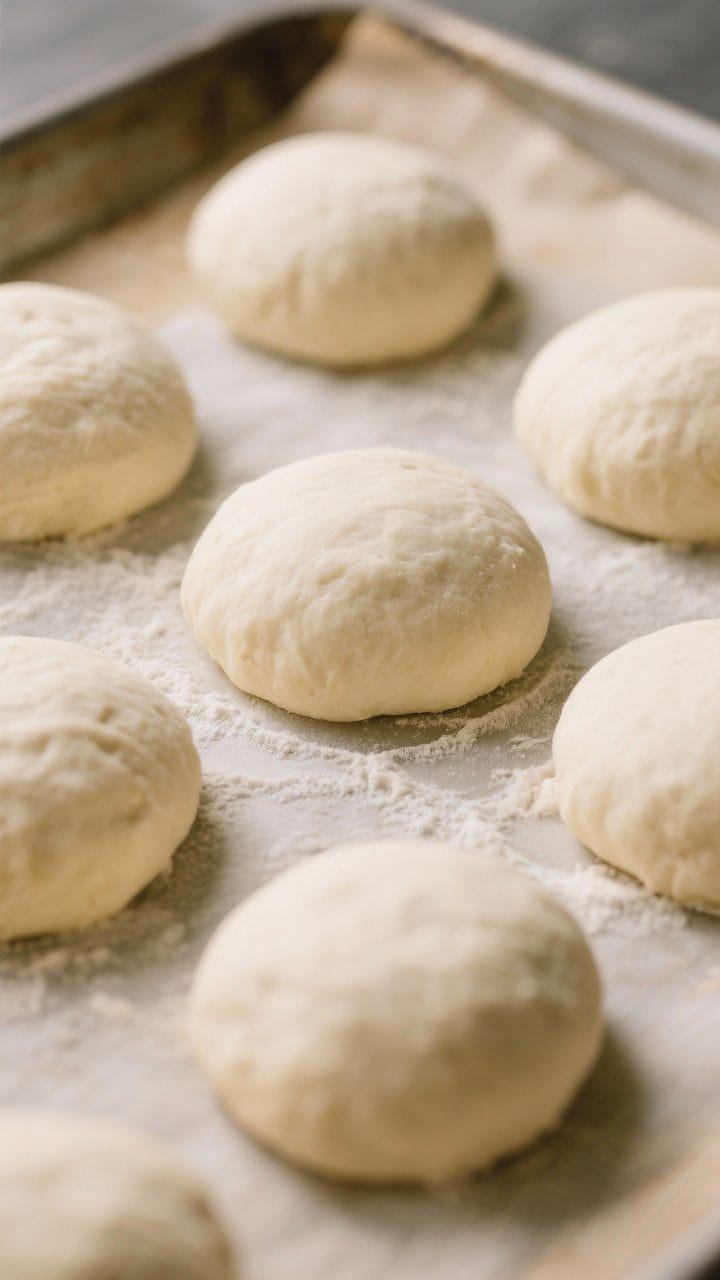 Cooking process: Overhead shot of shaped dough rounds after the second rise, plump and evenly proofe