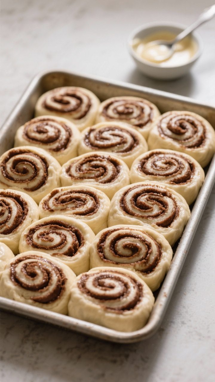 Cooking process: Overhead shot of sliced, proofed rolls in a greased 9x13-inch pan after the second 
