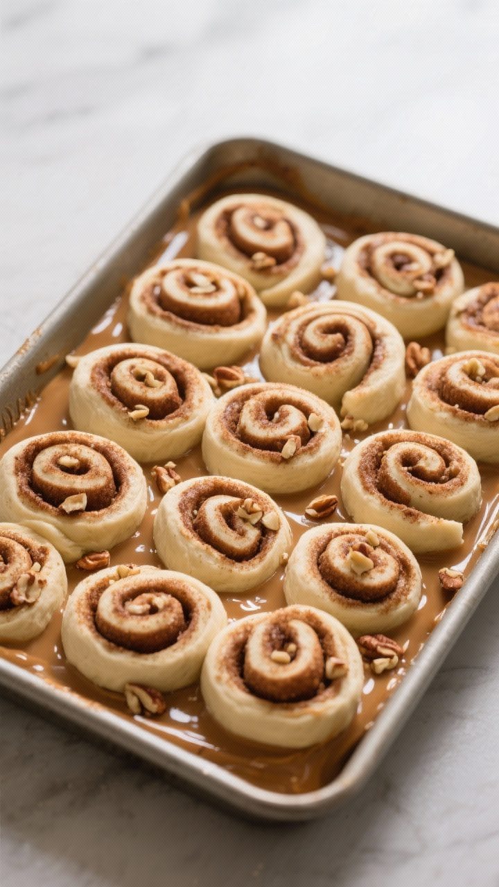 Cooking process: Overhead shot of sliced, tightly rolled cinnamon-sugar buns arranged cut-side up in
