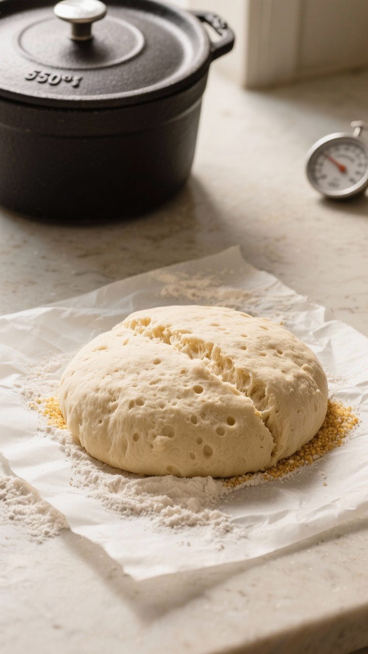 Cooking process: Overhead shot of the shaped dough resting seam-side down on parchment dusted with f