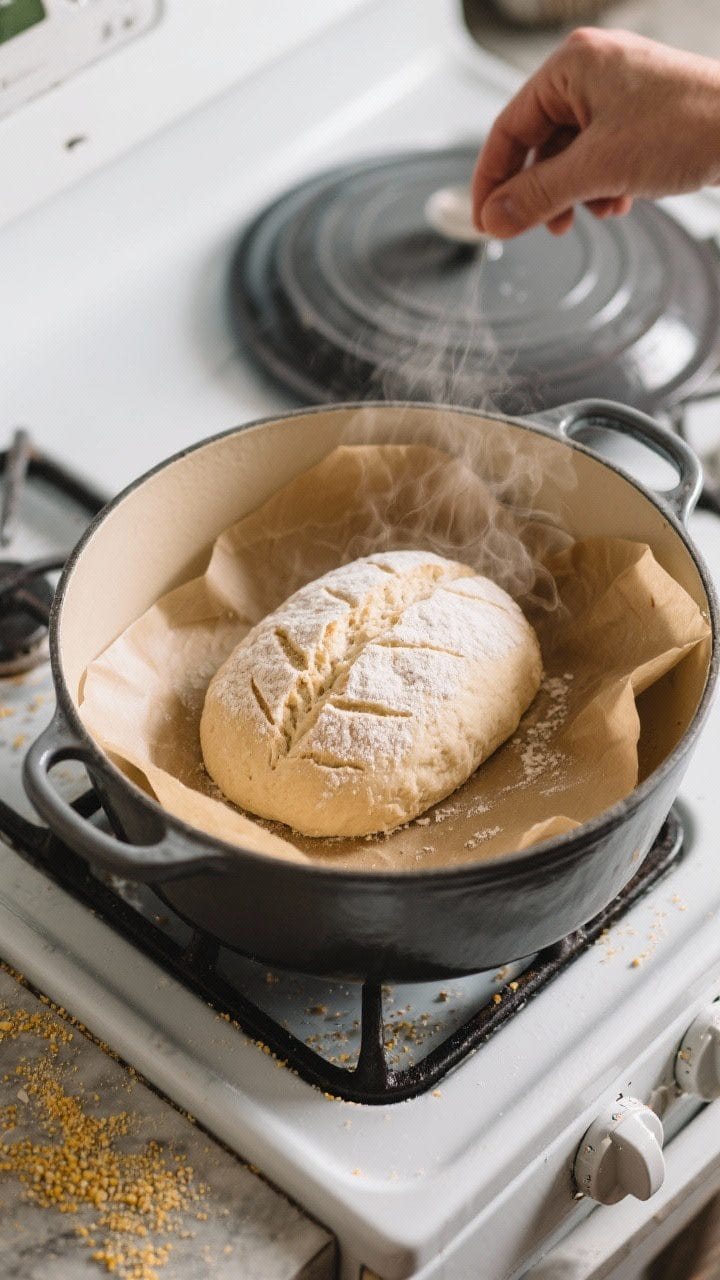 Cooking process: Overhead shot of the shaped, proofed loaf being lowered (on parchment) into a prehe
