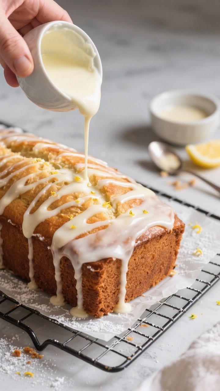 Cooking process: Overhead shot of the warm loaf on a wire rack as silky vanilla glaze (powdered suga