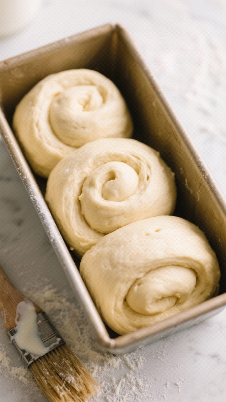 Cooking process: Overhead shot of three coiled dough logs nestled seam-side down in a buttered 9x5-i