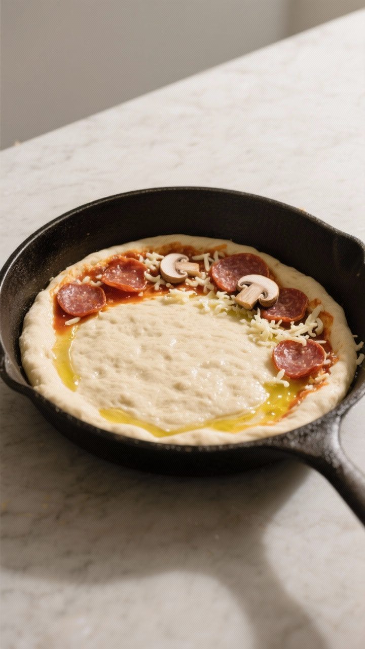 Cooking process scene: pan stretch and proof finale in an oiled 10–12 inch cast-iron skillet on a 