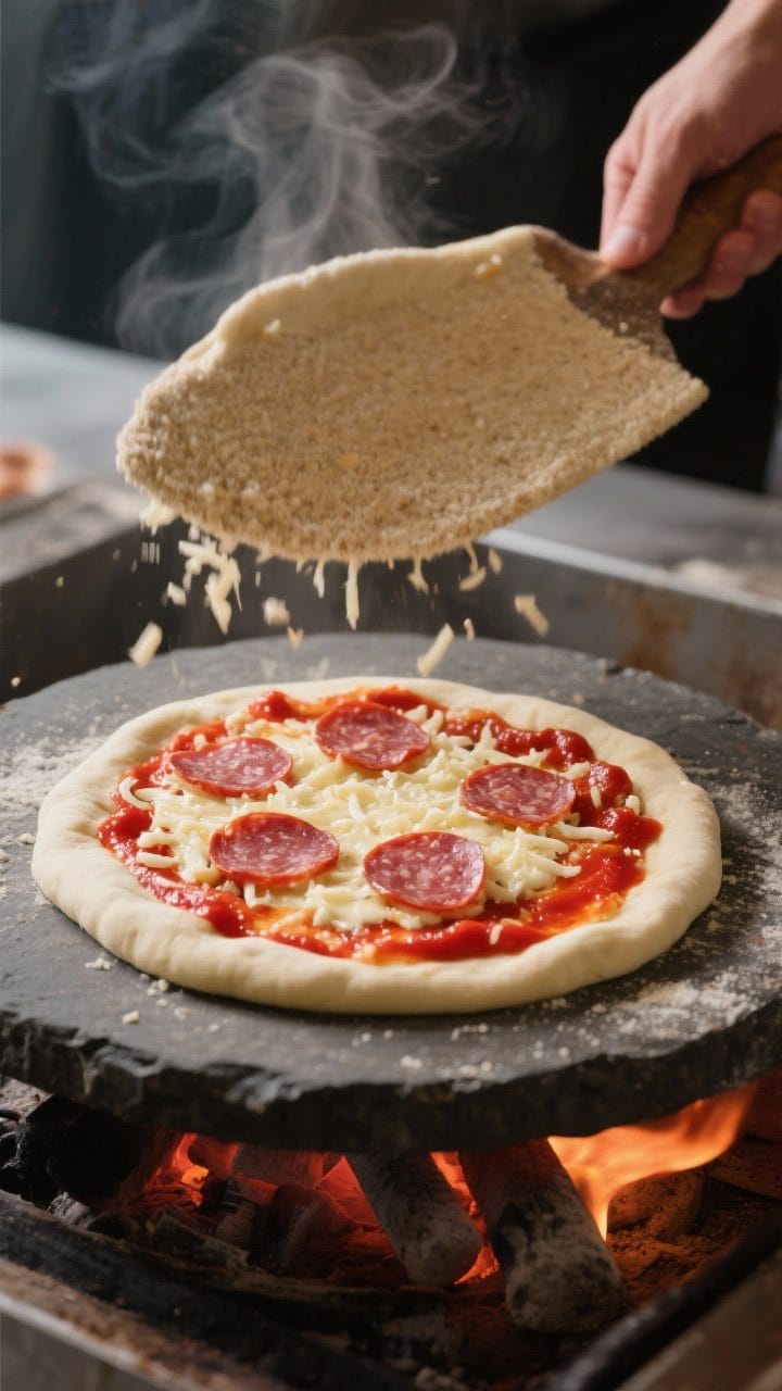 Cooking process shot: Overhead view of a shaped 12-inch dough already topped lightly—thin, uncooke