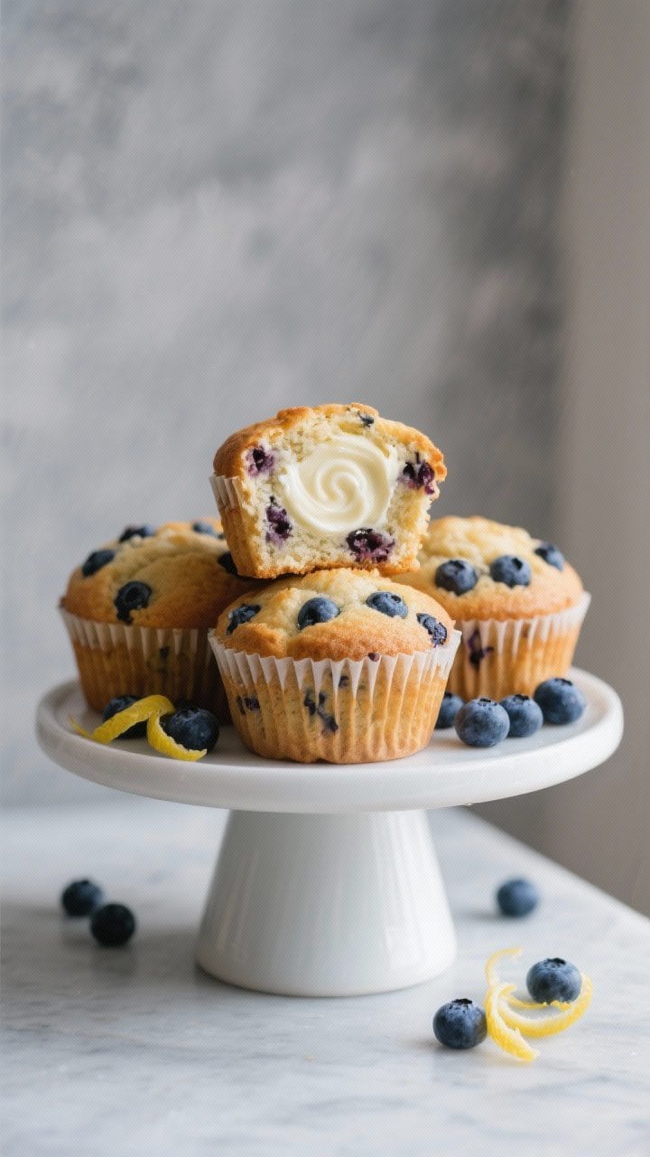 Final dish presentation: Bakery-style arrangement of blueberry cream cheese muffins stacked on a mat