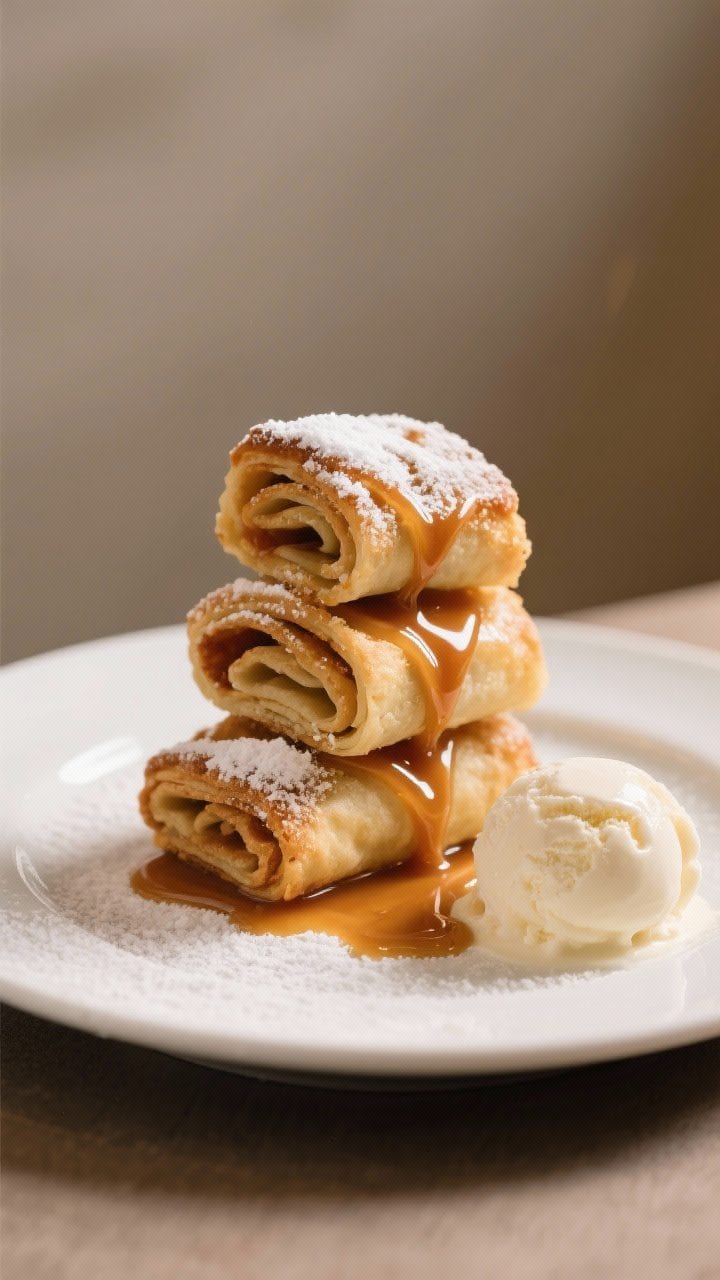 Final dish presentation: Beautifully plated baked apple pie roll ups stacked in a neat pyramid on a 