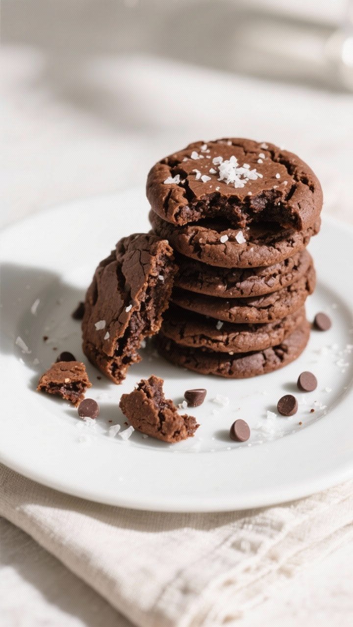 Final dish presentation: Beautifully plated brownie mix cookies stacked and fanned on a simple white