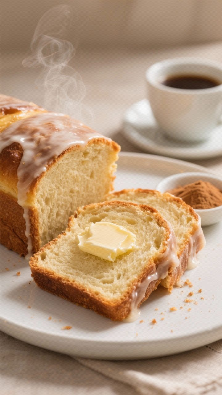 Final dish presentation: Beautifully plated slices of the sweet bread loaf with set, shiny vanilla g