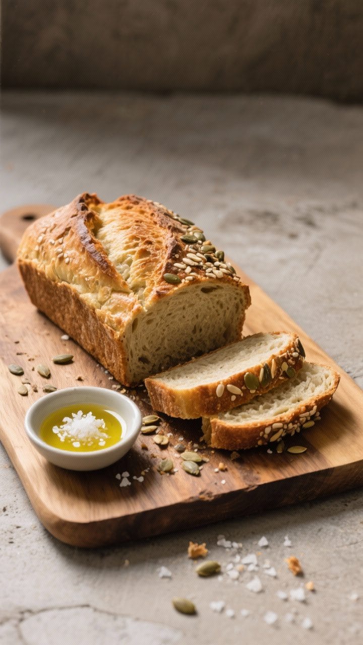 Final dish presentation: Beautifully plated small-batch loaf for two, sliced and arranged on a woode